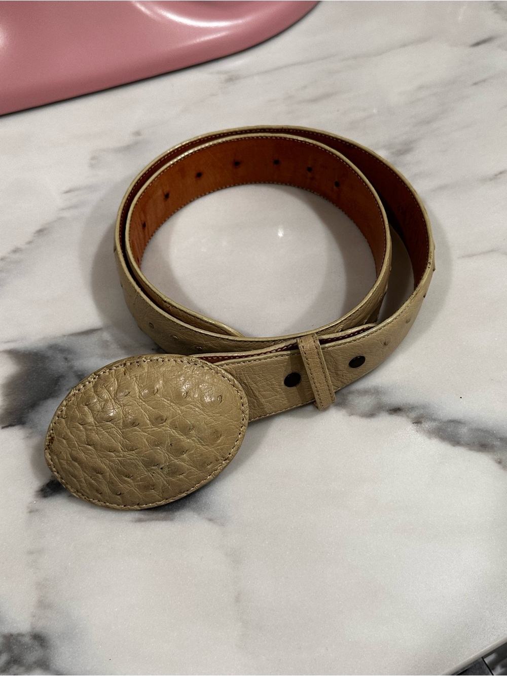 Neutral Beige Leather Ostrich Belt with Textured Oval Buckle